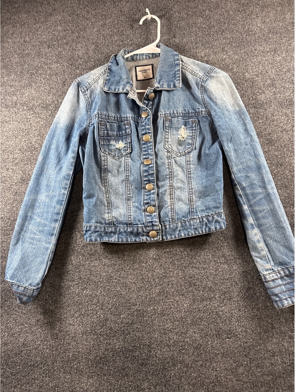 Highway Jeans Womens M Blue Denim Jacket Distressed Trucker Button Front Y2K